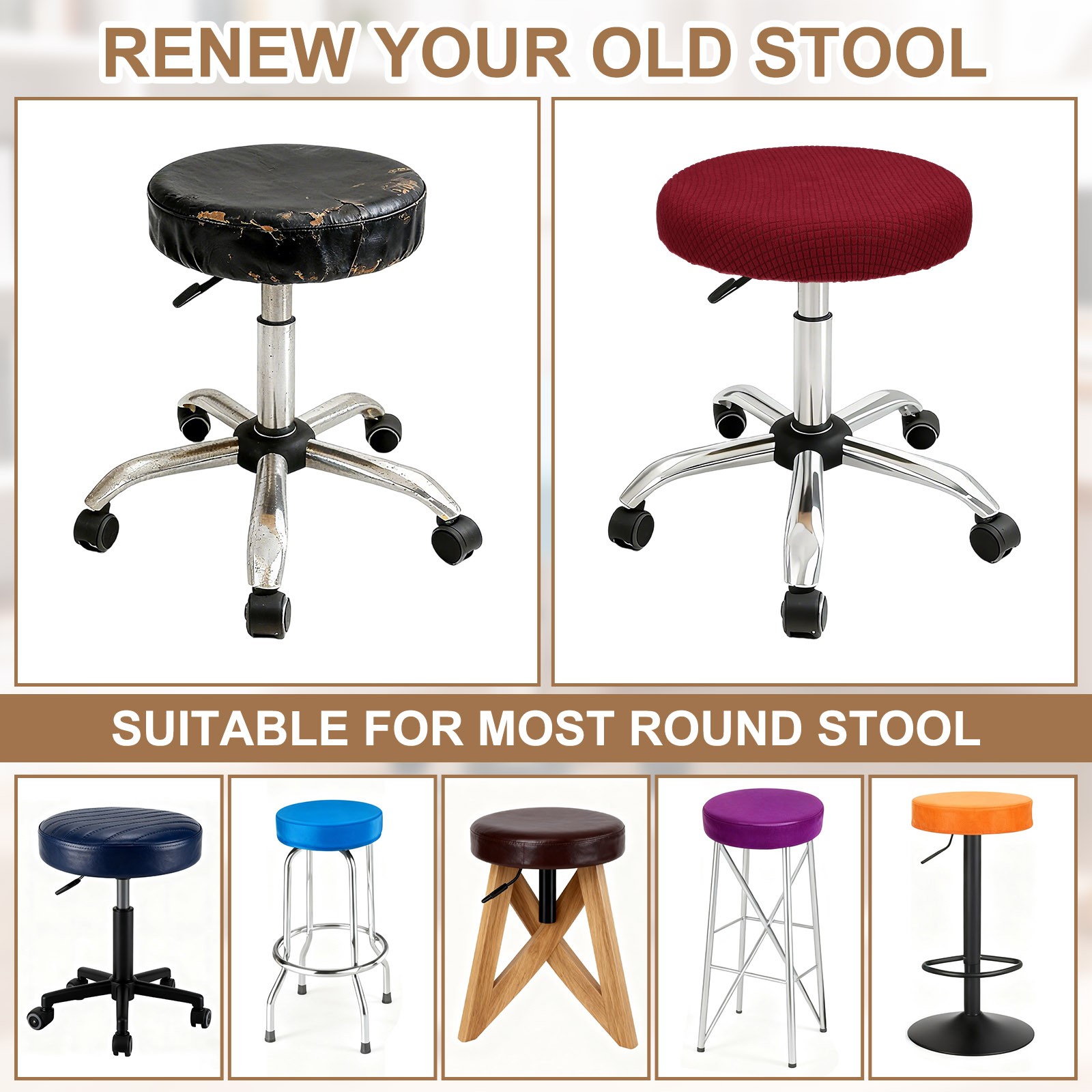 2Pcs Stool Covers Round, Bar Stool Covers with Elastic Bands, Red