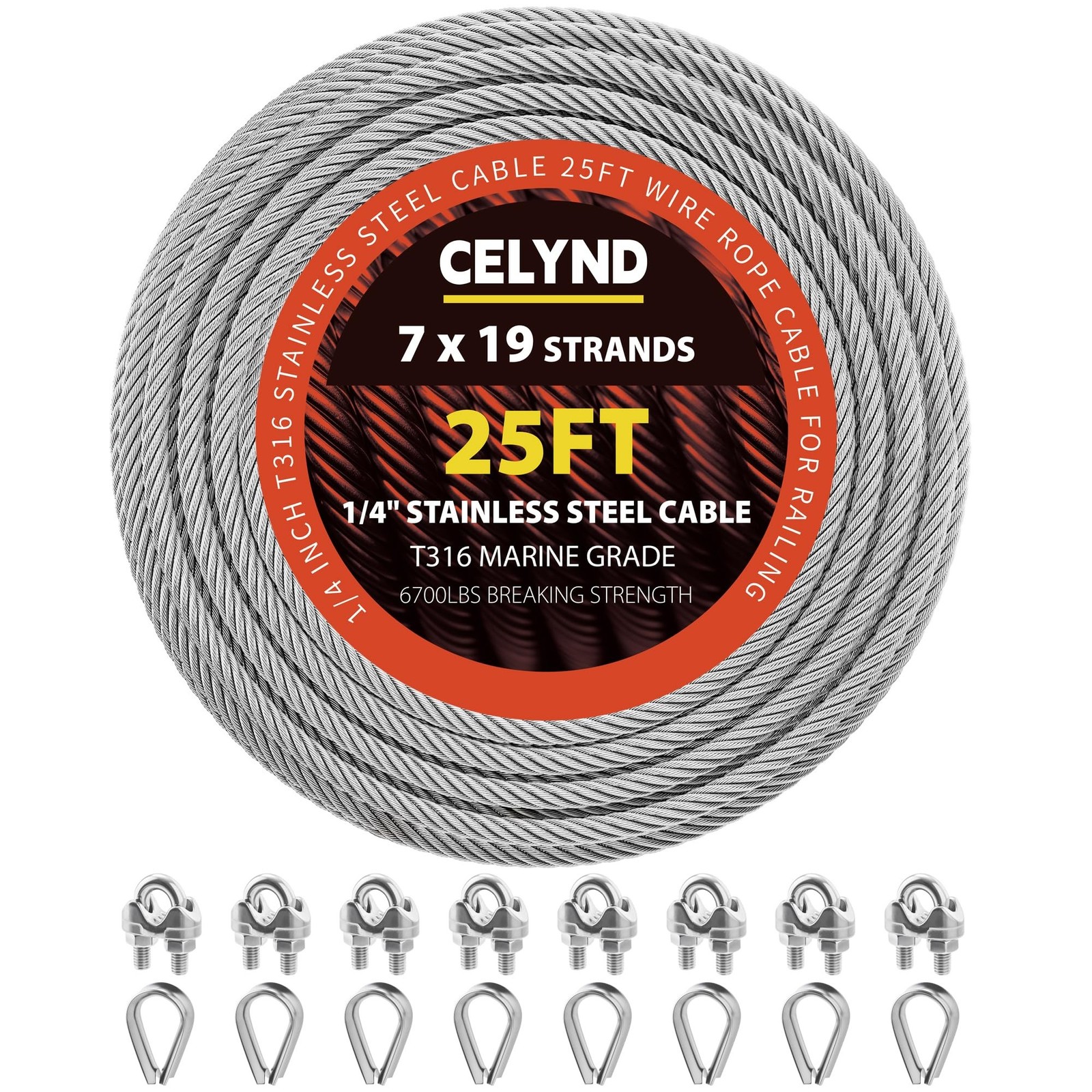 Stainless Steel Cable for Railing - 25FT 1/4" T316 Wire Rope with Clamps and ...
