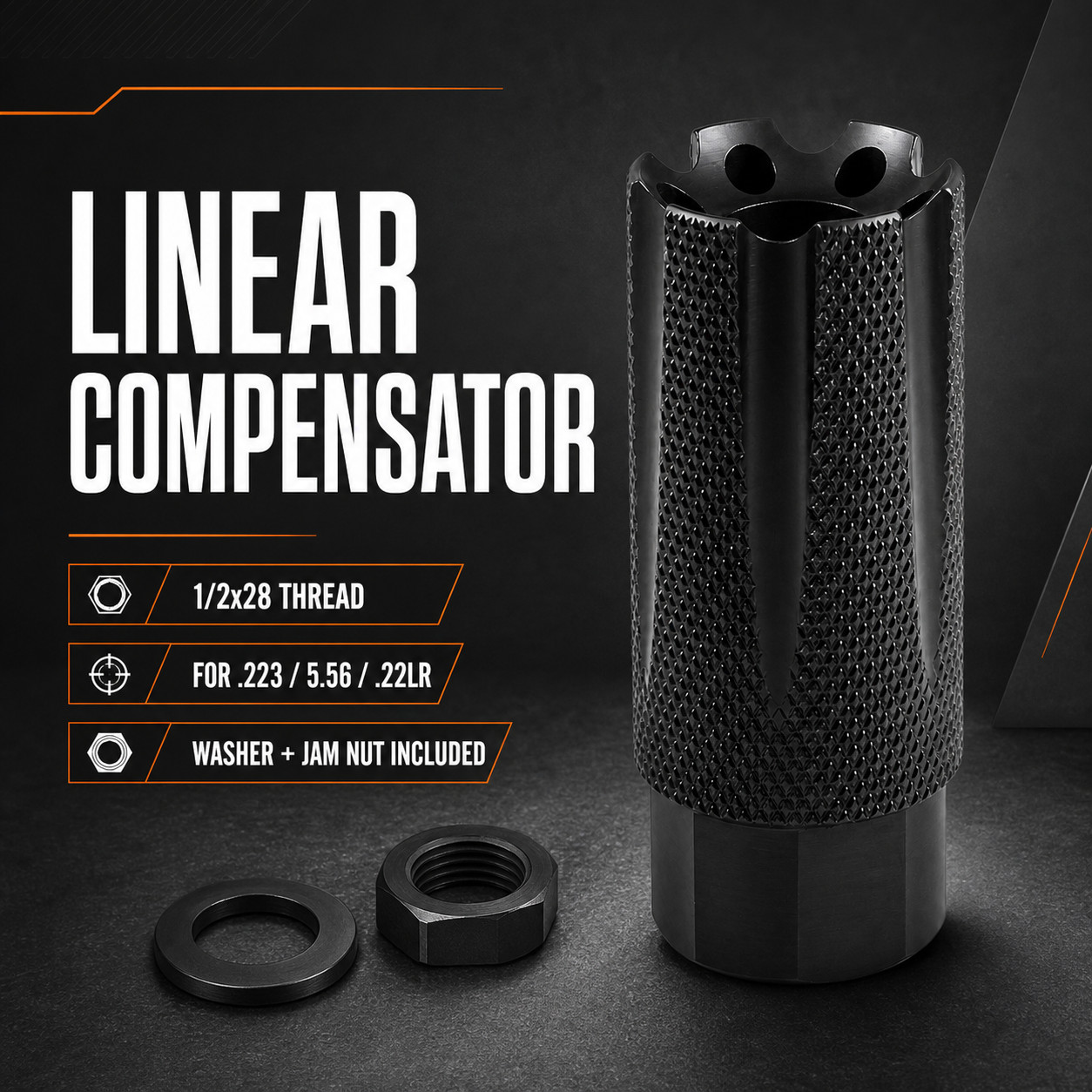 Linear Compensator 1/2x28 Pitch Thread for .223 556 22LR + Washer & JAM NUT