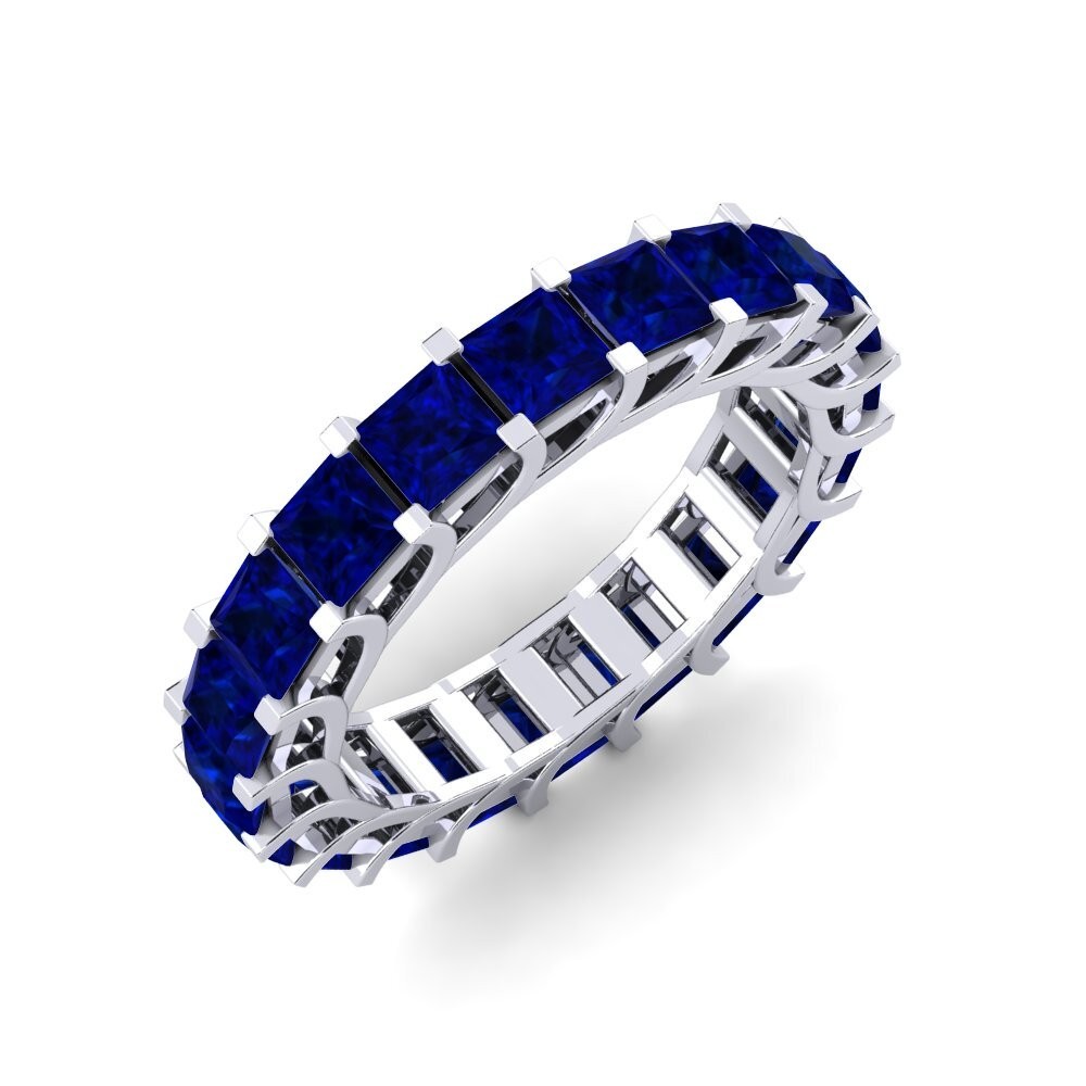 Blue Sapphire Princess Cut Square 4.00mm Eternity Band Ring With Rhodium Plated