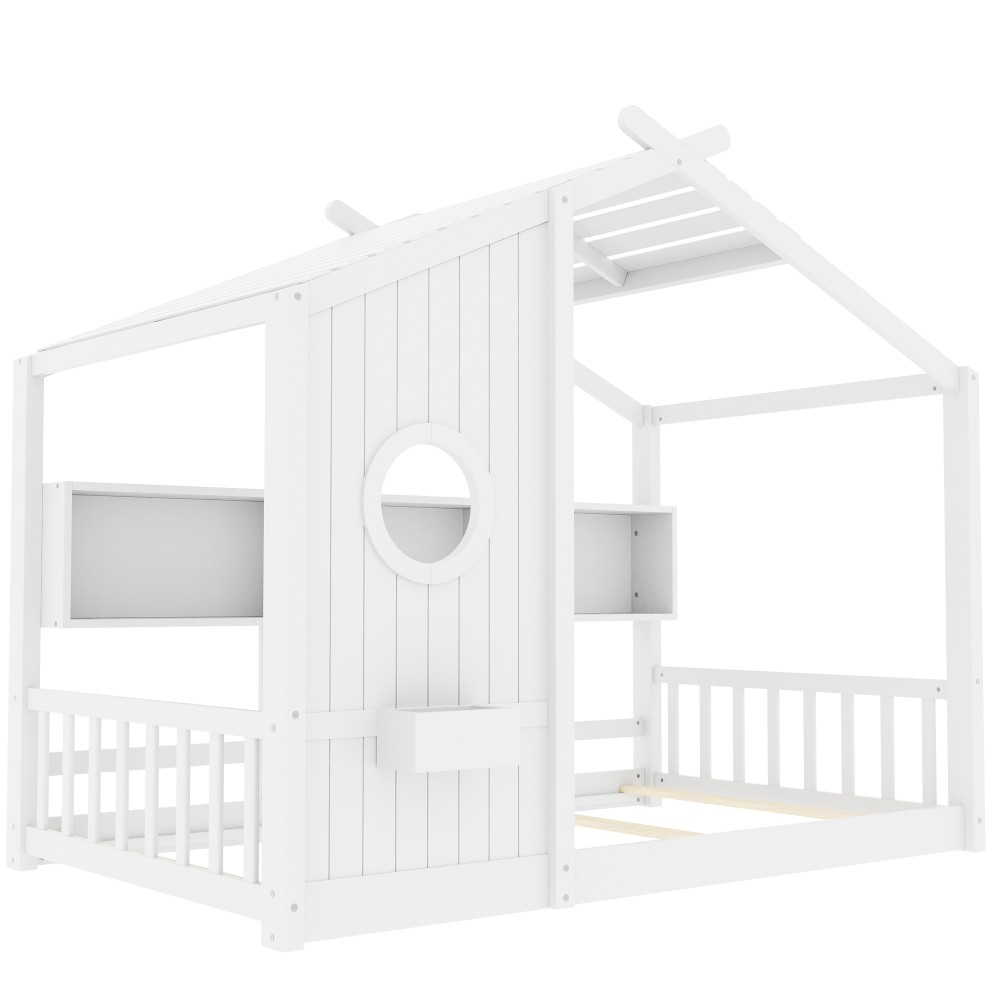 Twin/Full Size Floor House Bed Frame for Toddler with Storage Shelf, White/Grey
