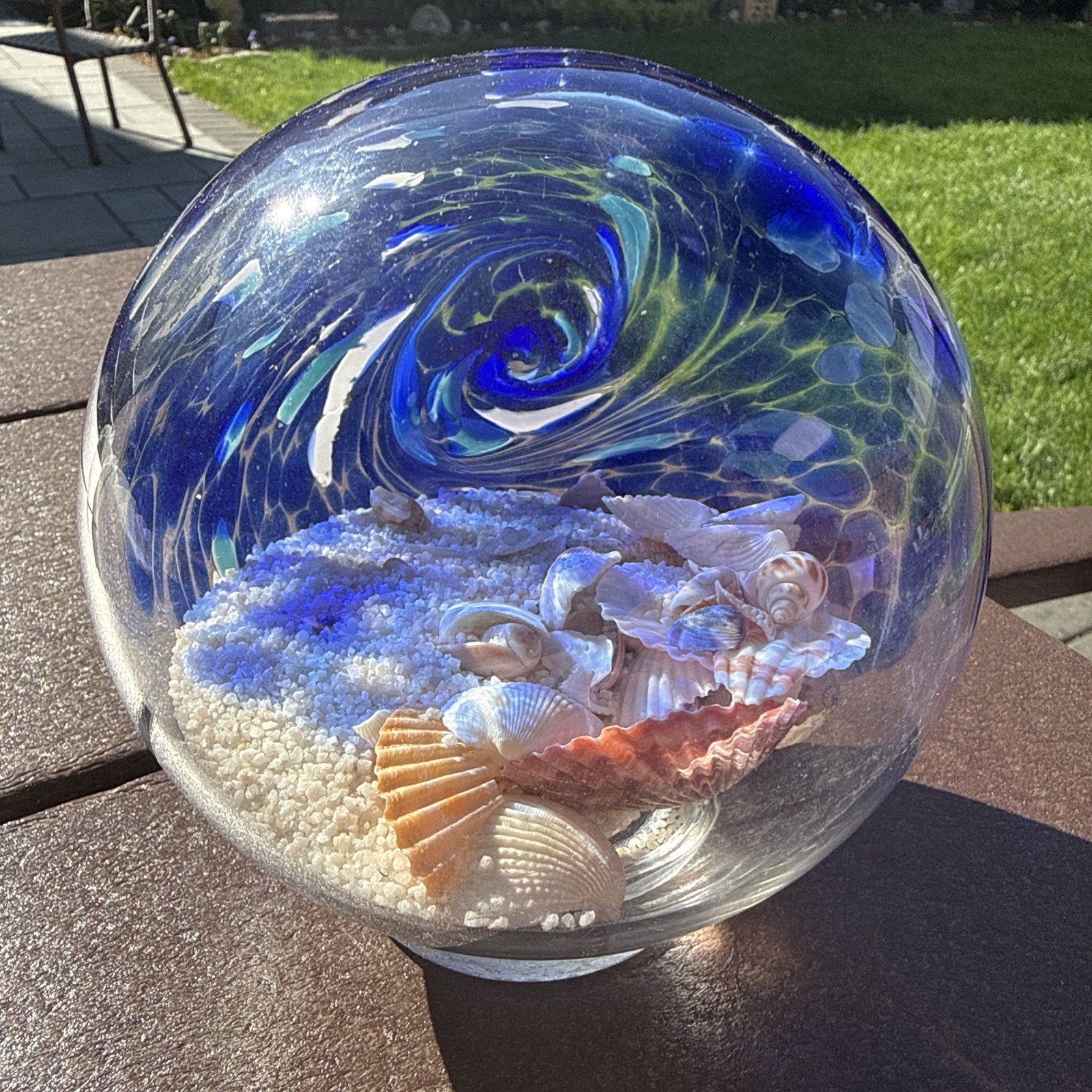 Large Hand Blown Ocean Waves Orb Globe Ball With Sand & Seashells 5.5”