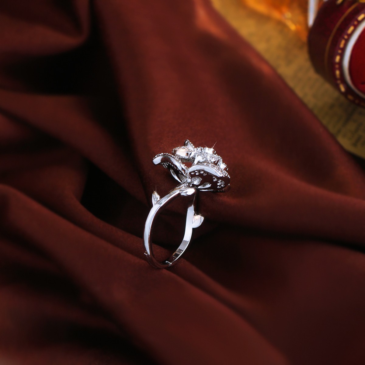 Silver Plated Cubic Zirconia Micro Paved Rose Flower Adjustable Ring for Women