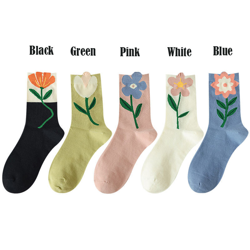 5 Pairs Girls Socks Womens Combed Cotton Flower Casual Sports Socks