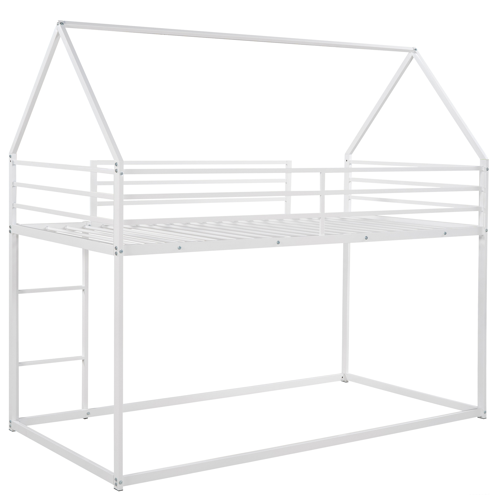 Modern Twin over Twin House Bunk Bed Frame with Ladder /Guardrail For Kids White