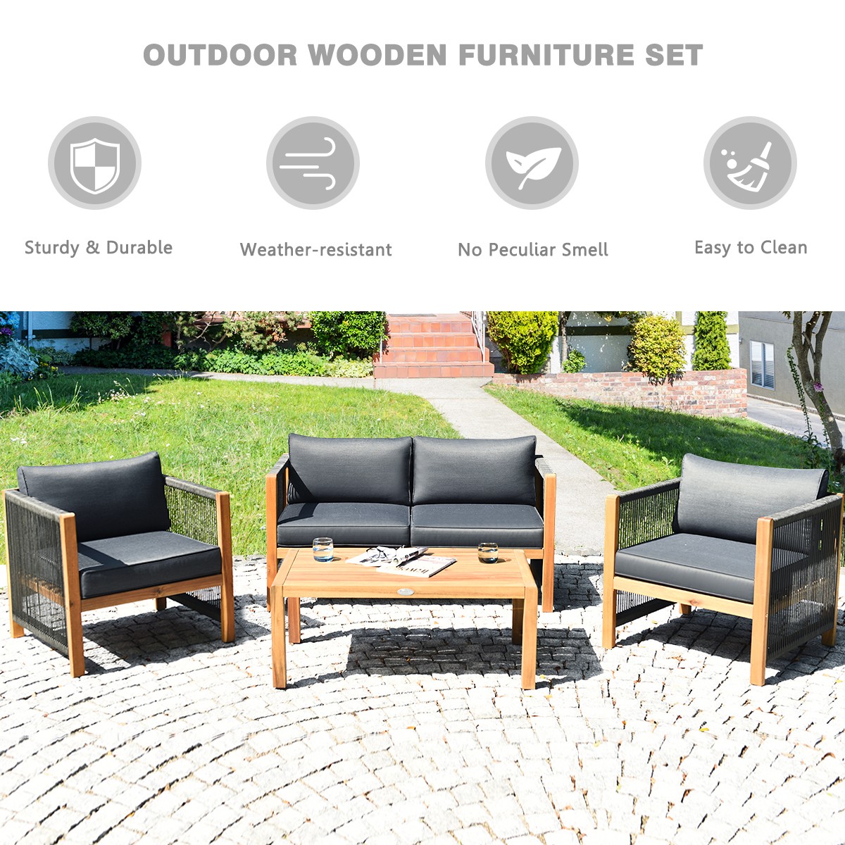 4PCS Acacia Wood Garden Patio Furniture Set Cushioned Sofa W/Nylon Rope Armrest