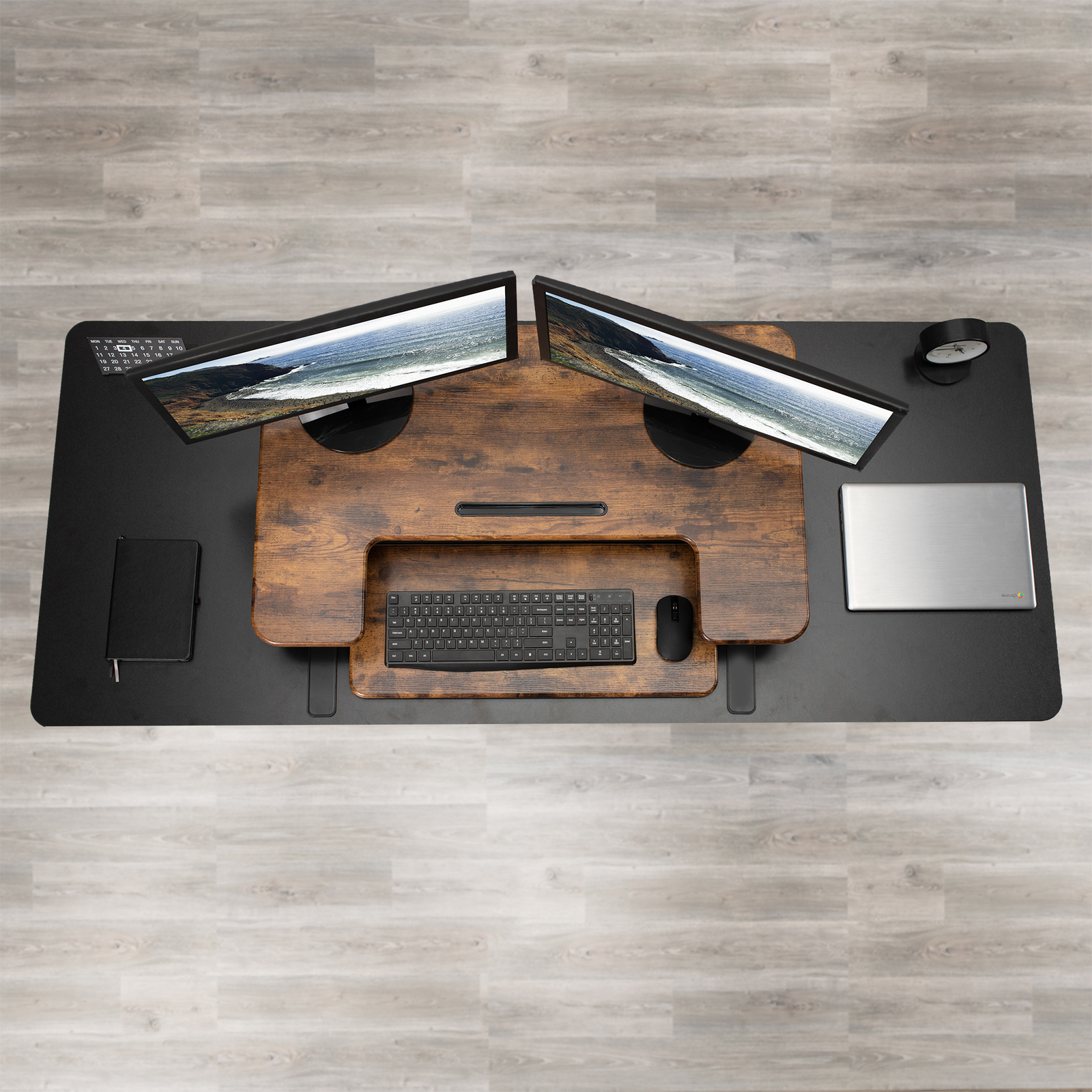 VIVO Rustic Vintage Brown Standing Desk Riser, Tabletop Sit-Stand, Black Frame