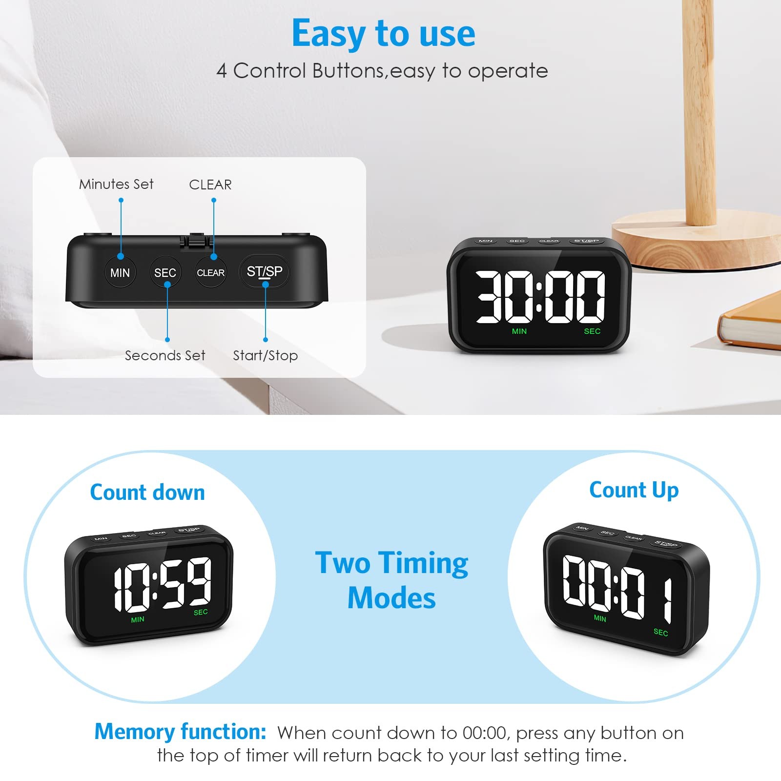 Digital Kitchen Timer, Digital Timer with Large LED Display, Magnetic Classro...