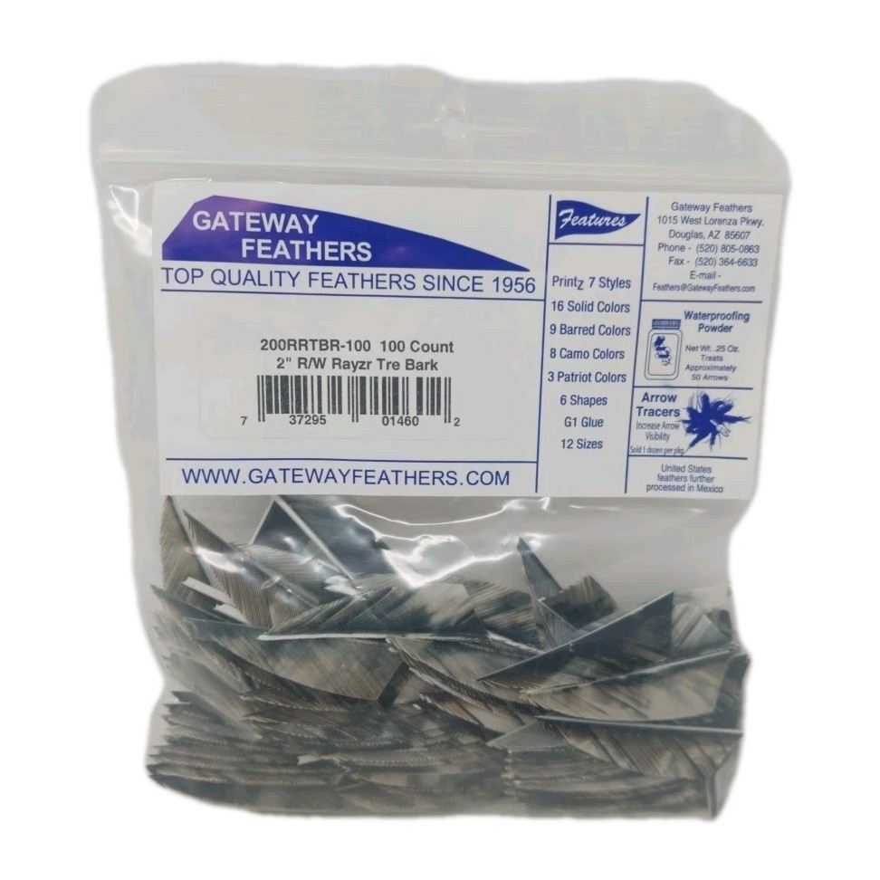 100 Pack Gateway Feathers 2" Right Wing: Rayzr Camo Tre Bark 200RRTBR-100