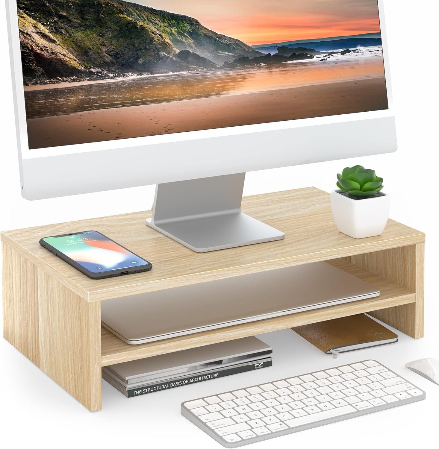 Monitor Stand - 2 Tier Computer Monitor Riser Shelf, Wood Desktop Stand for L...