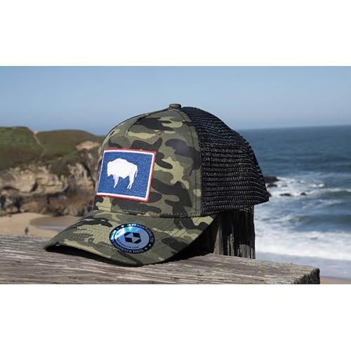 Wyoming Cap - Wyoming State Flag Trucker Baseball Snapback Hat (Camouflage)