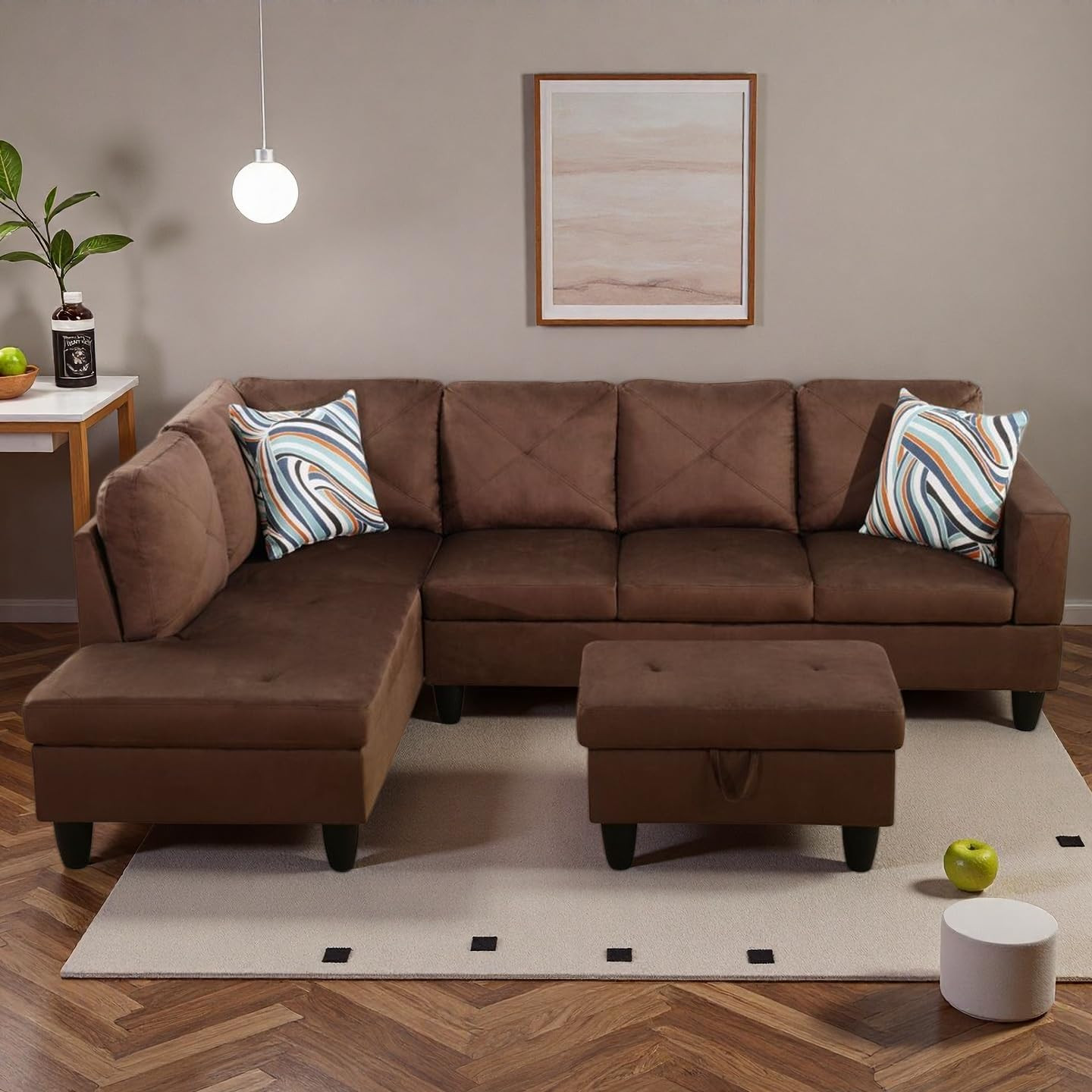 97" Flannel 4-Seat L-Shaped Sectional Sofa with Movable Chaise & Storage Ottoman
