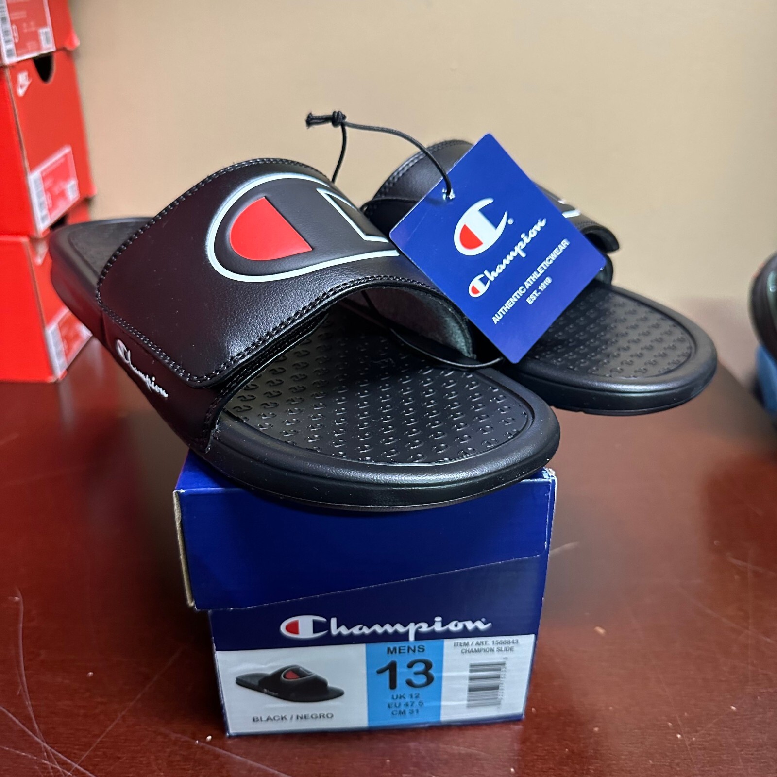 Champion Mens Black 1588843 Leather Adjustable Slip On Slide Sandals Size US 13