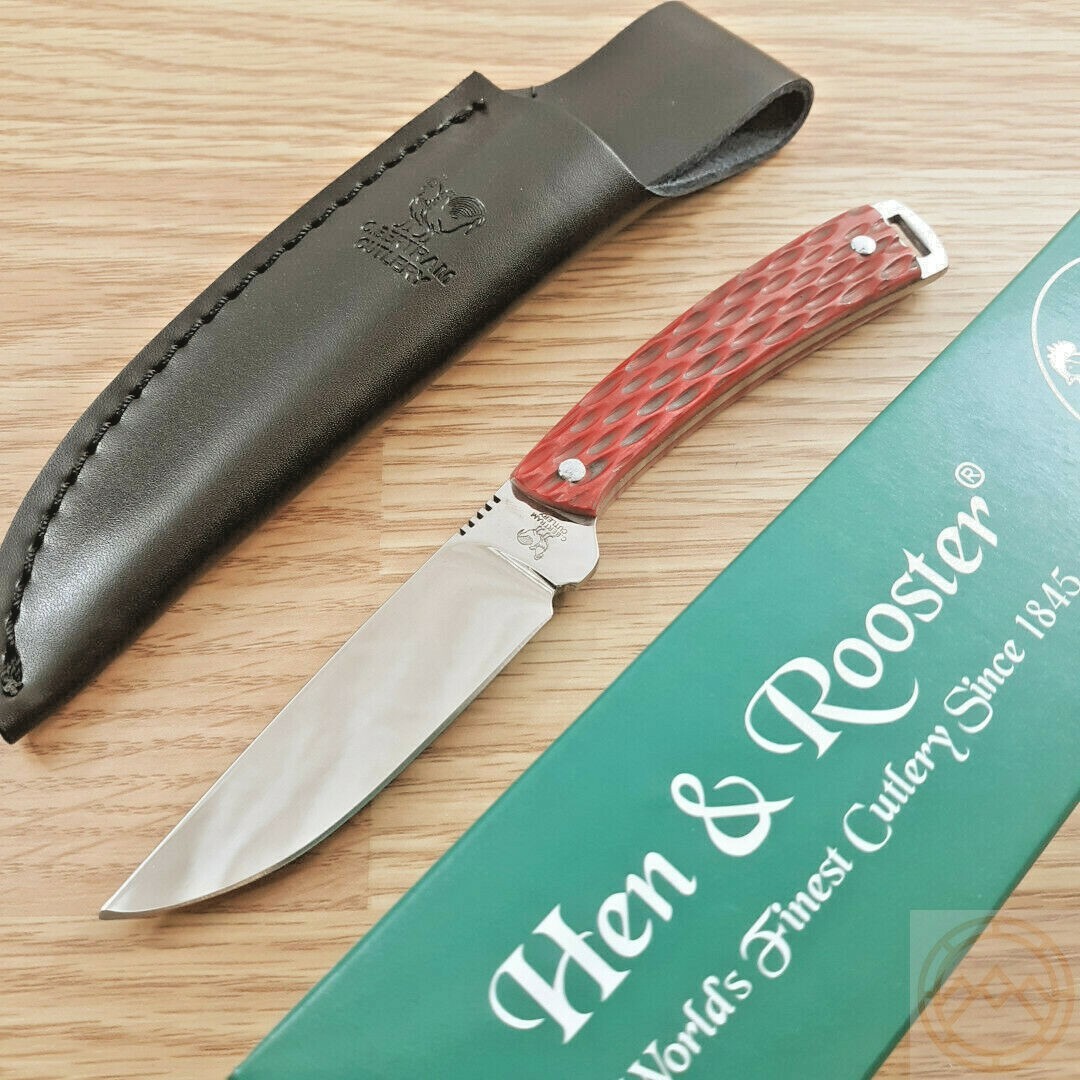 Hen & Rooster Small Knife 3.25" 440 Steel Full Tang Blade Red Pick Bone Handle
