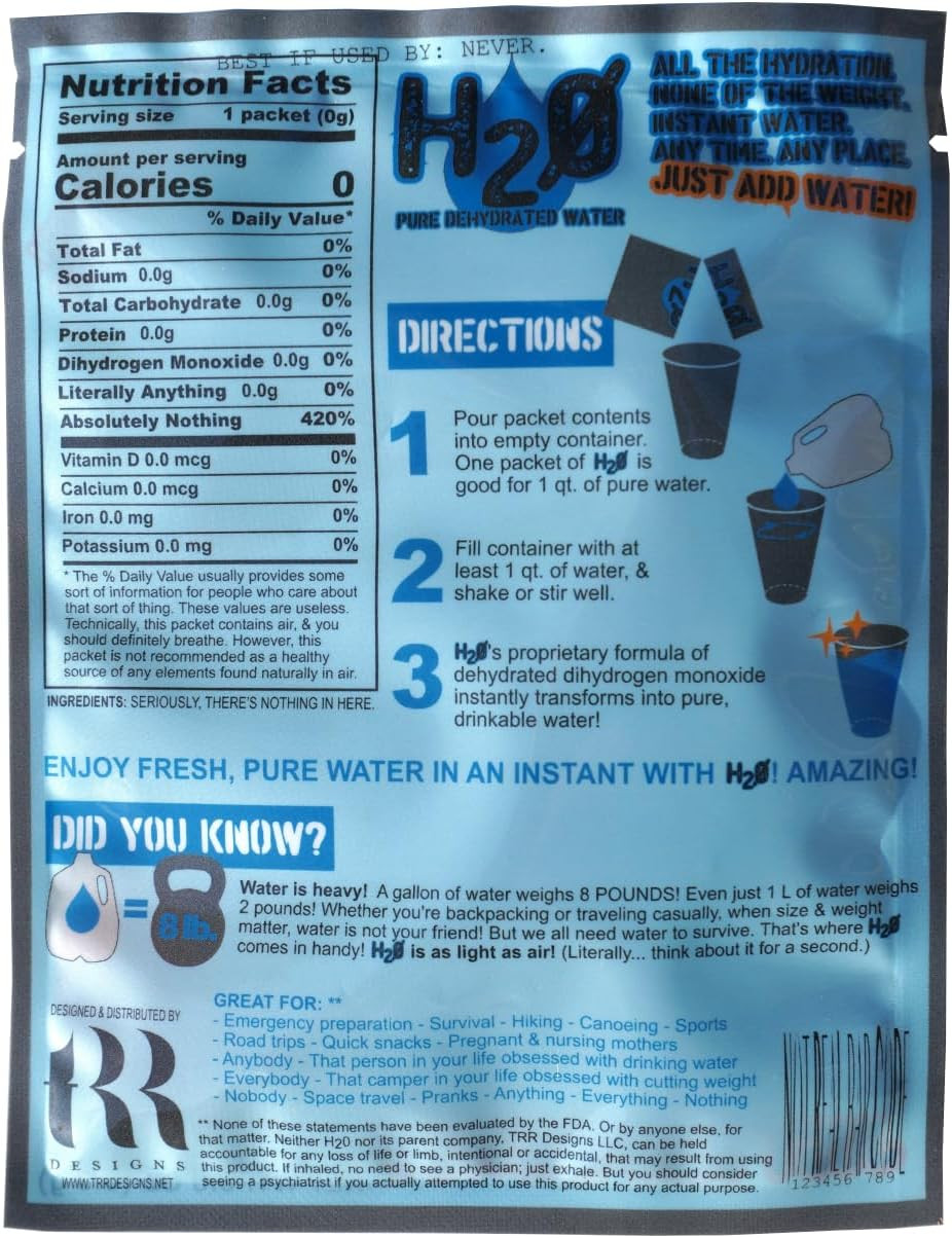 Dehydrated Water Prank Packet | H2Zero Drink Mix Gag Gift (4 Pack) | Humorous No