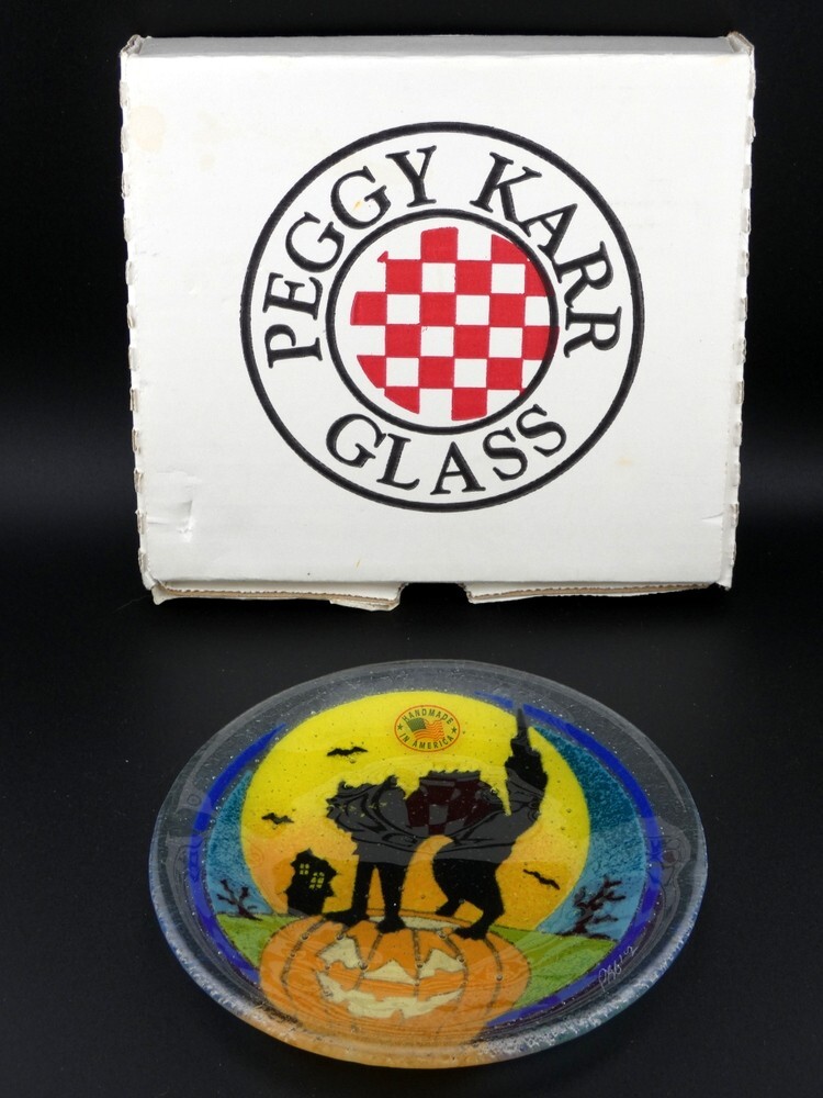 Halloween Peggy Karr Glass Plate JOL Pumpkin with Black Cat and Moon 5 3/4" USA