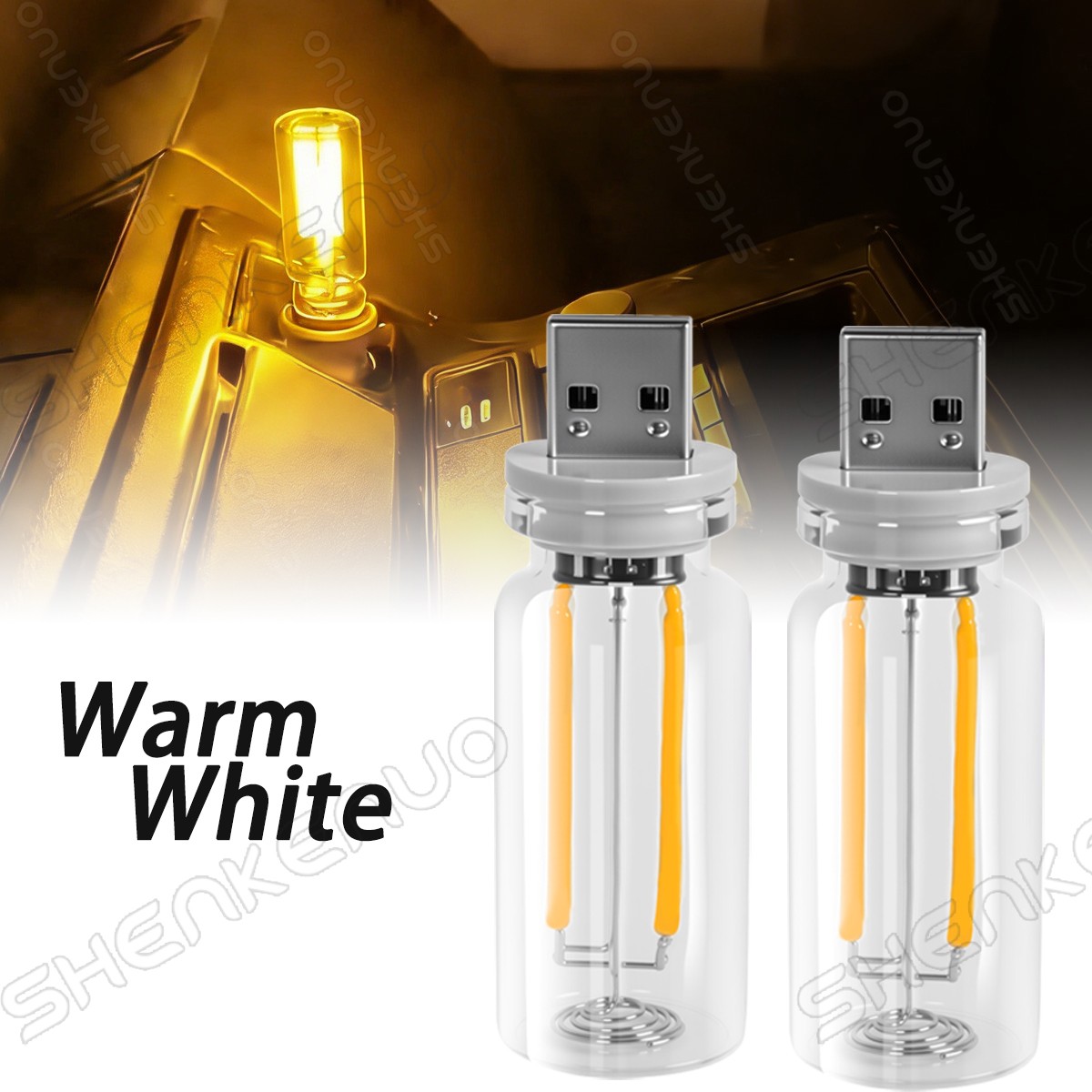 2Pcs Car USB Night Light Touch Dimmable LED Filament Lamp, USB Interior Car