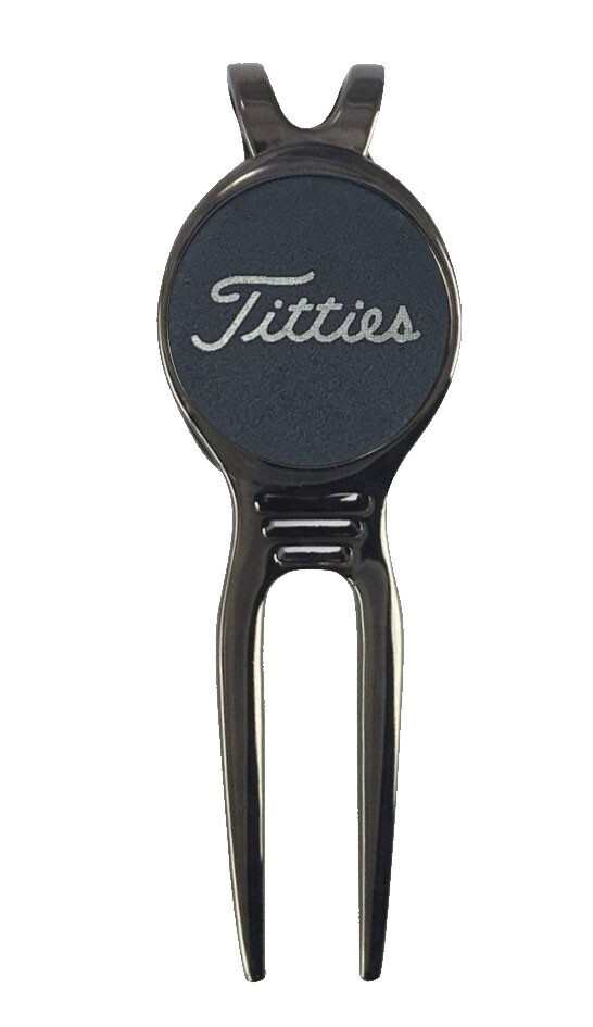 "Titties" Novelty Golf Ball Marker + Black Gunmetal Divot Tool Gift Laser