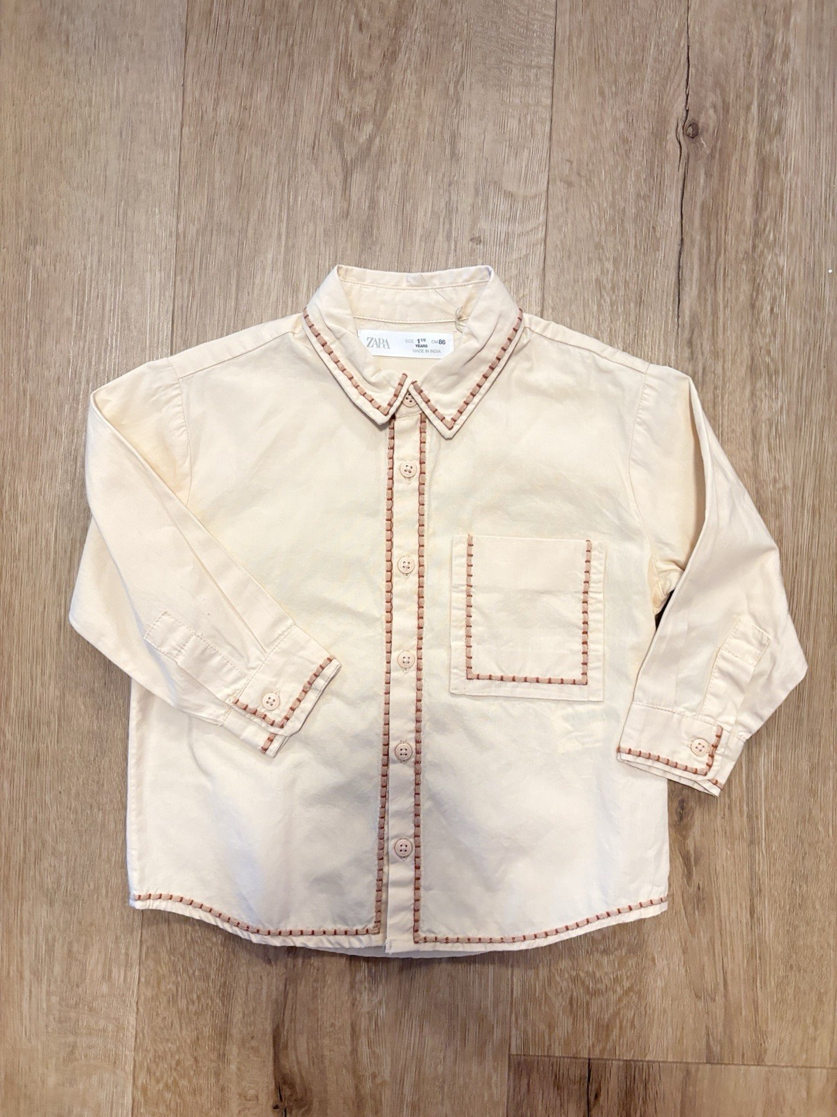 Zara Kids Cream Long Sleeve Shirt with Contrast Stitching Size 1.5Y / 86cm