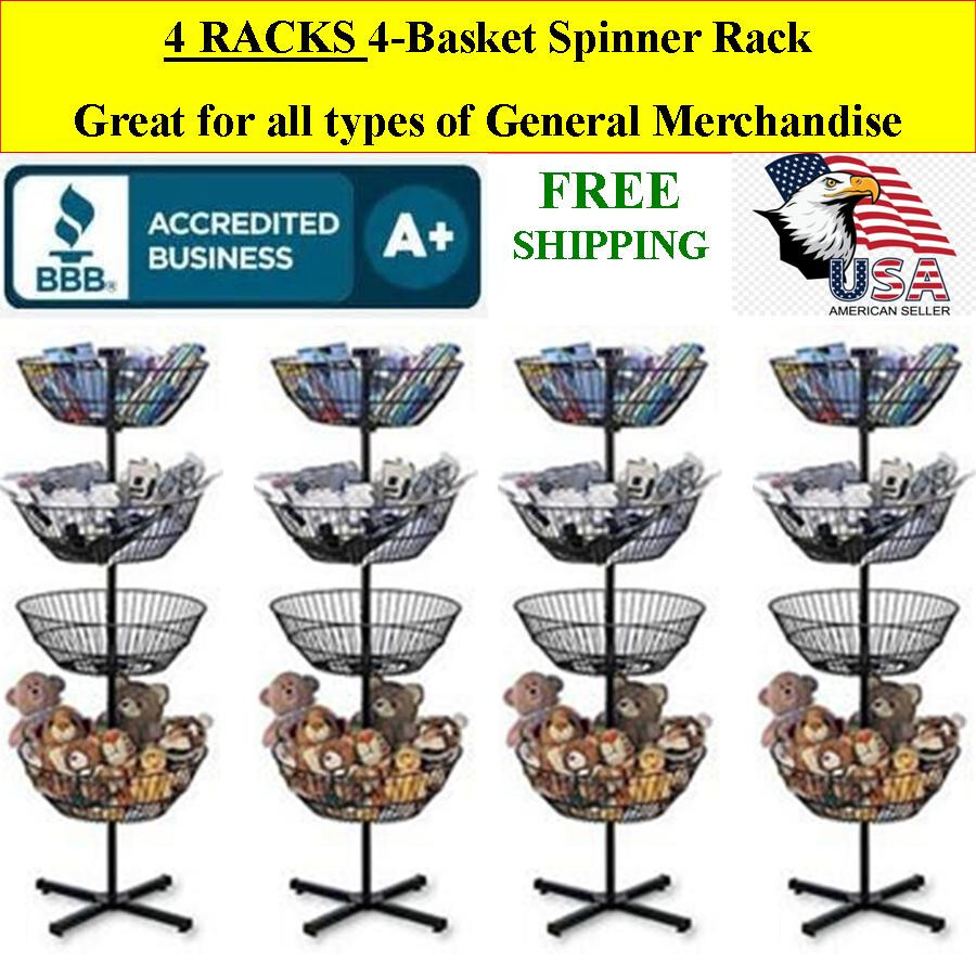 4 RACKS Retail Store Floor Spinner Rack 4 Basket Black Steel Plastic Sign Holder