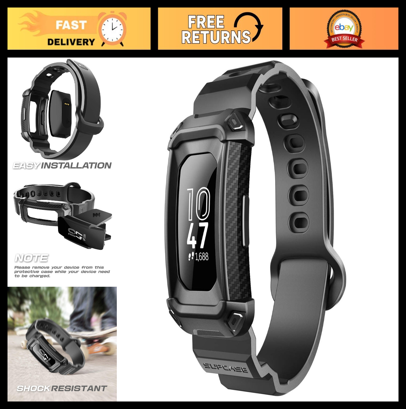 Rugged Protective Case & Replacement Bands for Fitbit Inspire HR - Black TPU