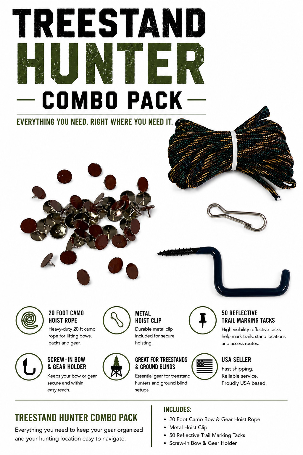 Treestand Hunter Combo Pack 20' BOW GEAR ROPE REFLECTIVE TRAIL TACKS BOW HANGER