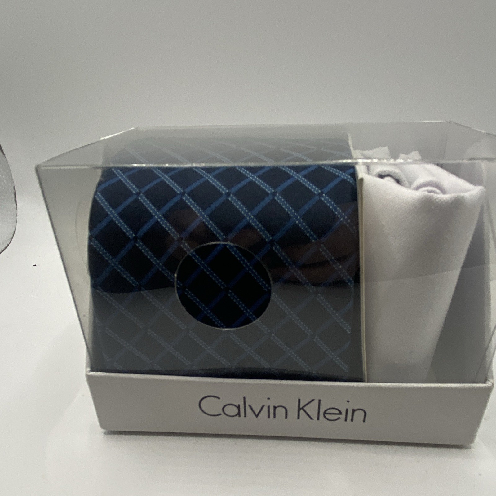 Calvin Klein Men's 2-Piece Accessory Set Blue Check Tie & White Pocket Square