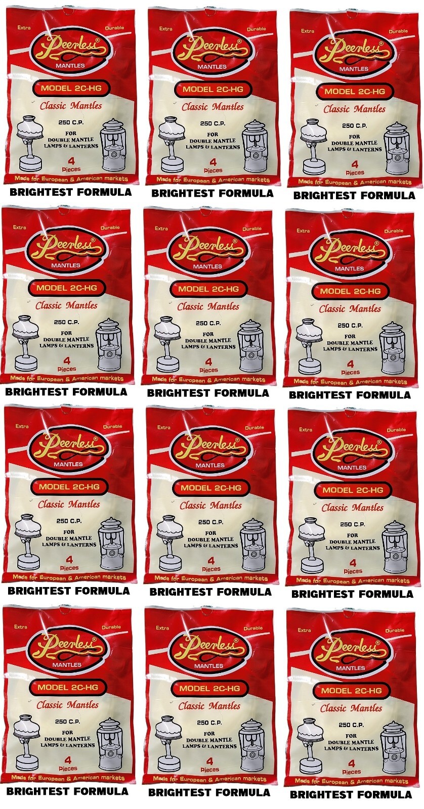 PEERLESS 2C-HG MANTLE 12 PACKS OF 4 (48 MANTLES) BRIGHTEST FORMULA FREE SHIPPING