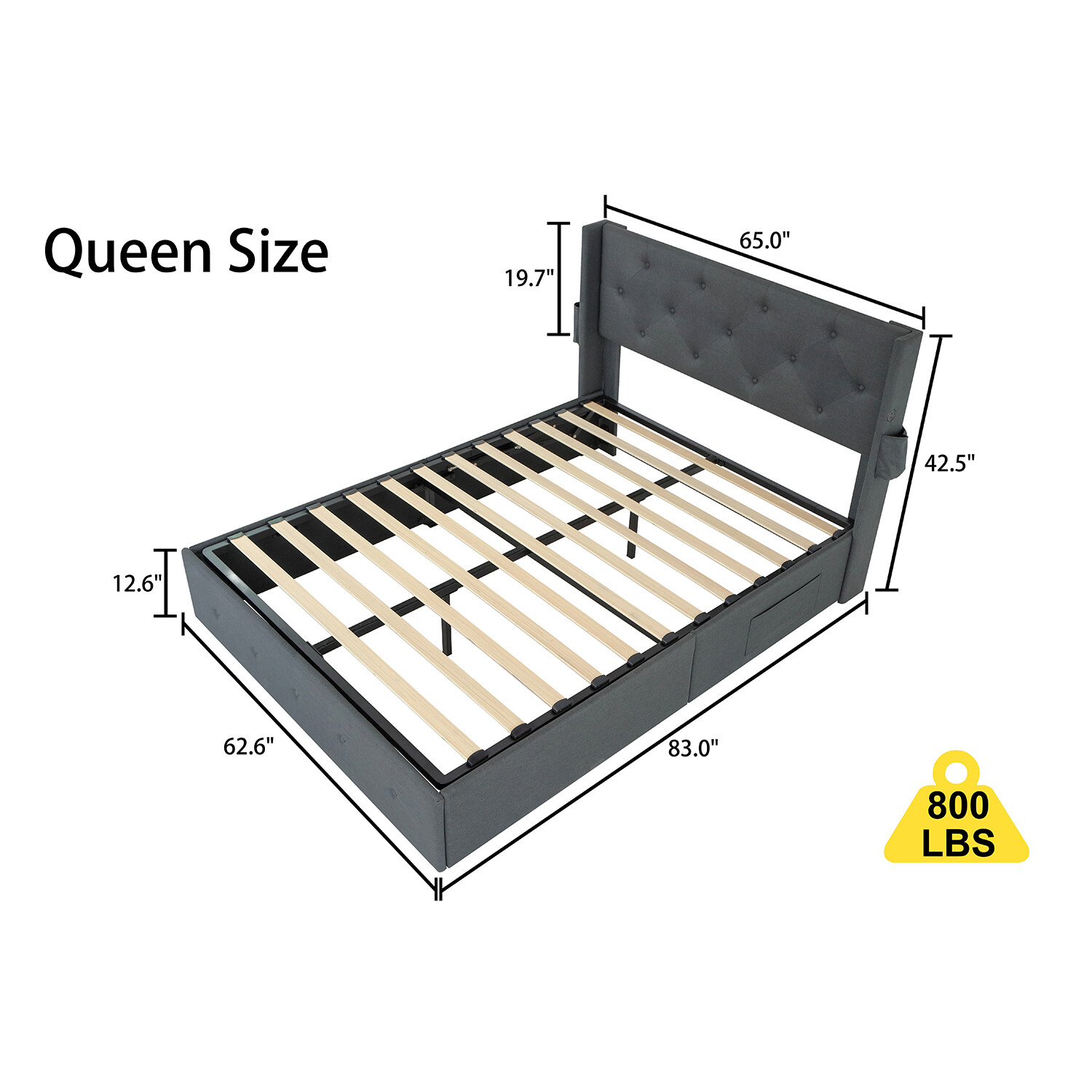 Queen Size Platform Bed Frame w/ Headboard & USB Ports and Storage Dark Gray