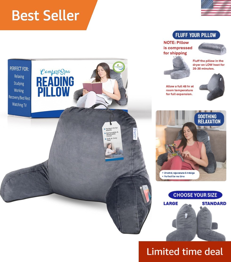 Reading Pillow for Bed Adult Size, Back Rest Pillow with Arms, Pockets and Wa...