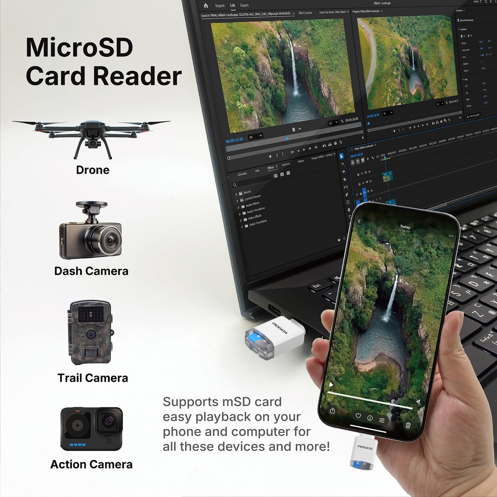 MFi USBC MicroSD Card Reader for iPhone, iPad & Android White