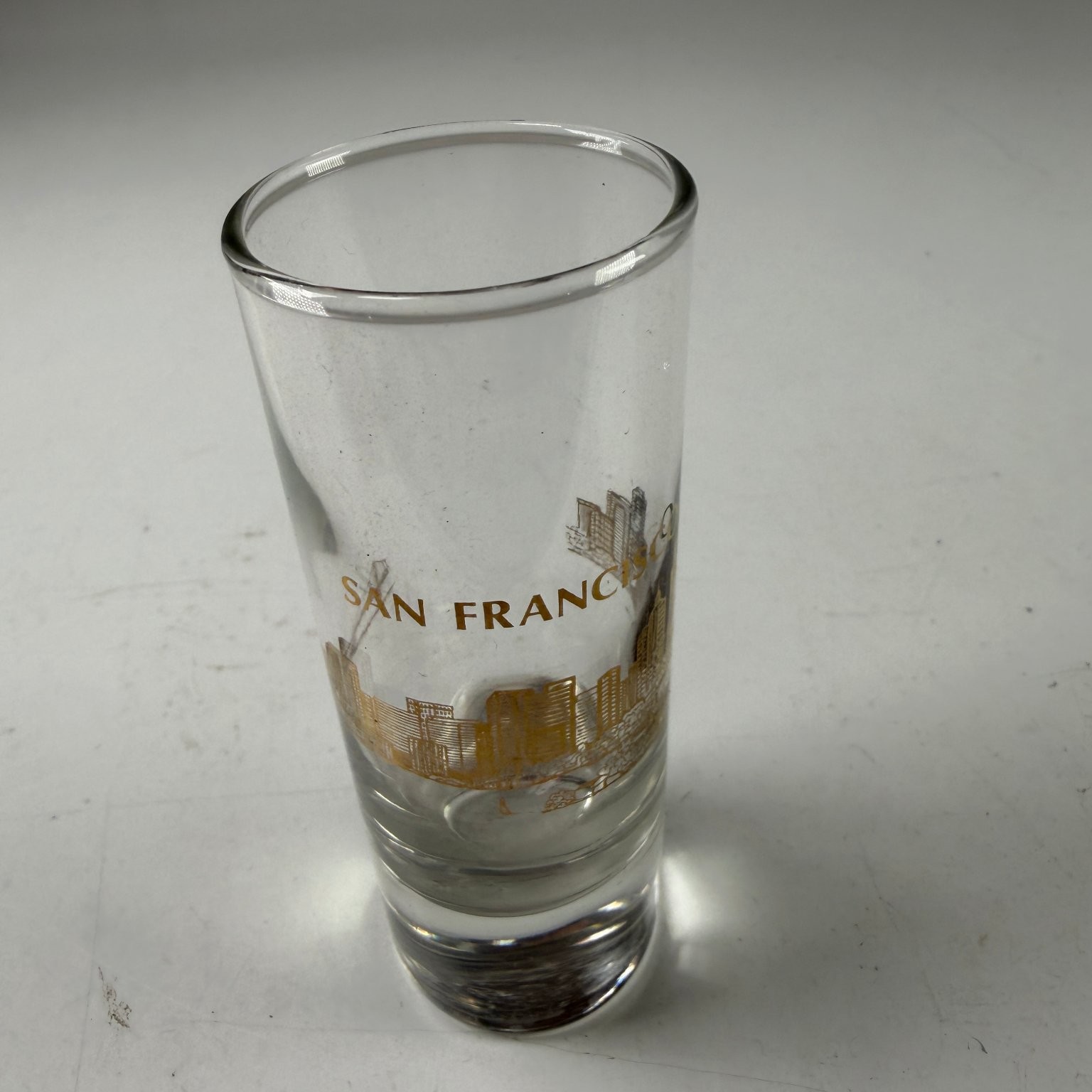 San Francisco Skyline Shot Glass City Souvenir Gold Print Collectible Barware