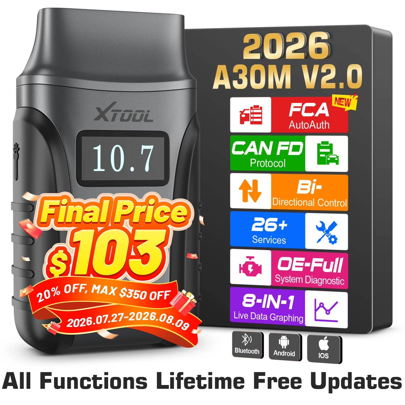XTOOL A30M V2.0 Bidirectional Scan Tool Diagnostic Scanner Auto Code Reader