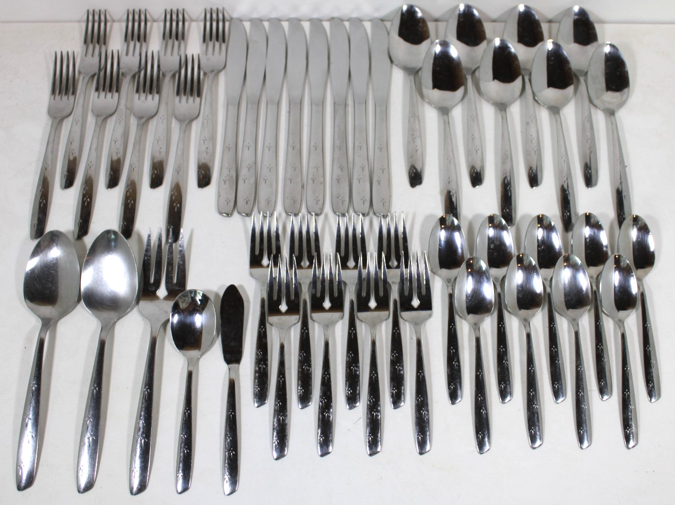 46 Pce. Oneida Stainless Asian Arrow Pattern MCM 1960's - Fork, Knife, Spoon