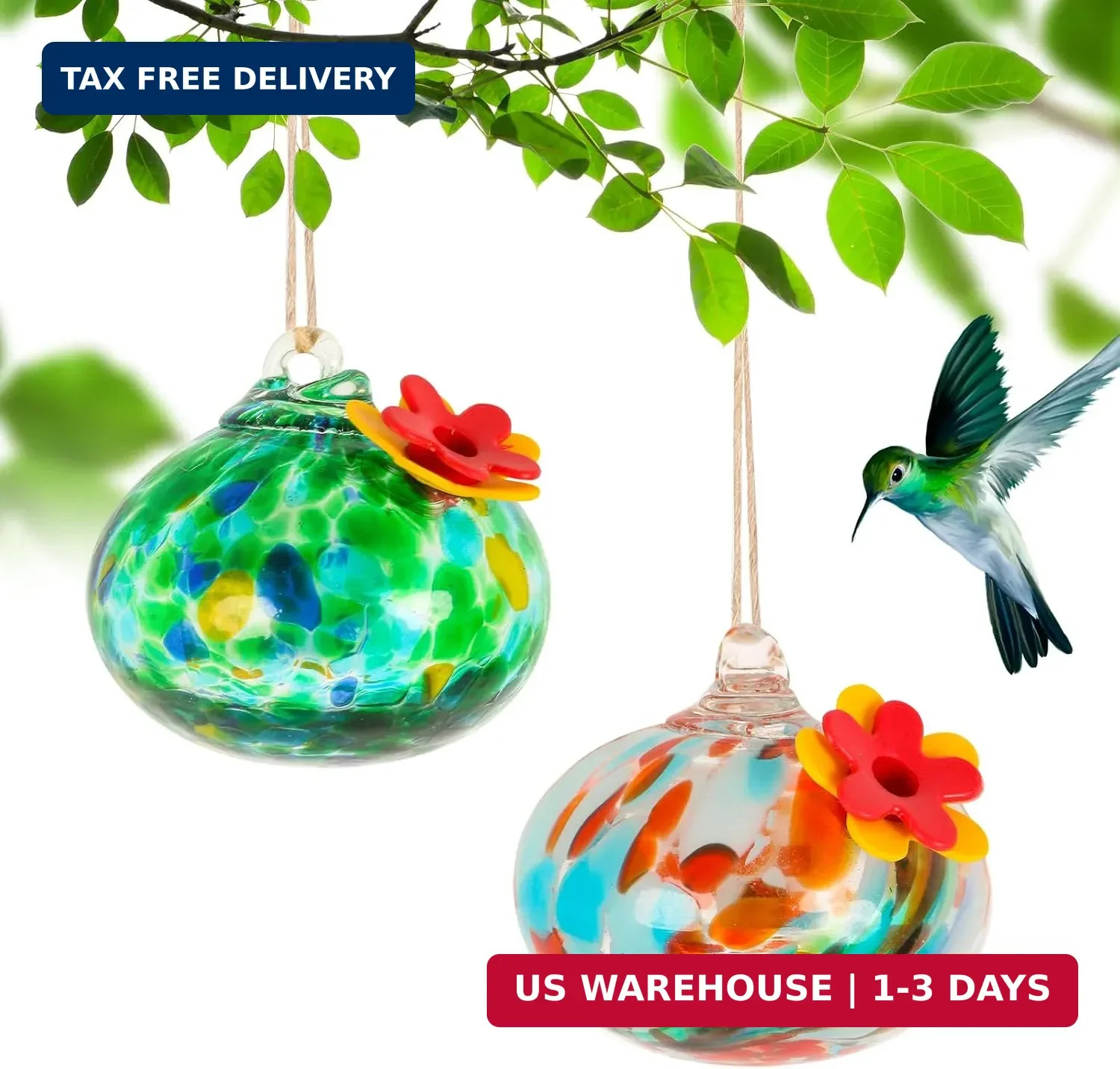 2 Pcs Blown Glass Hummingbird Feeder for Outdoors Hanging, Ant & Bee Resistant W