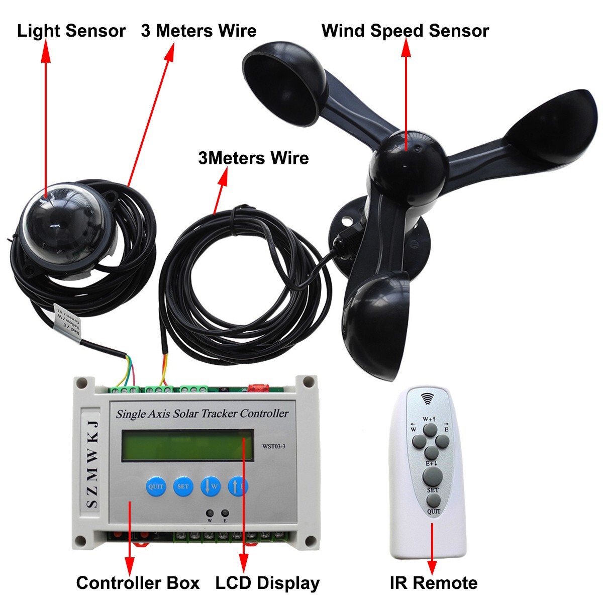 6000N Single Axis Solar Tracker Controller W/ 18" Linear Actuator Anemometer Kit