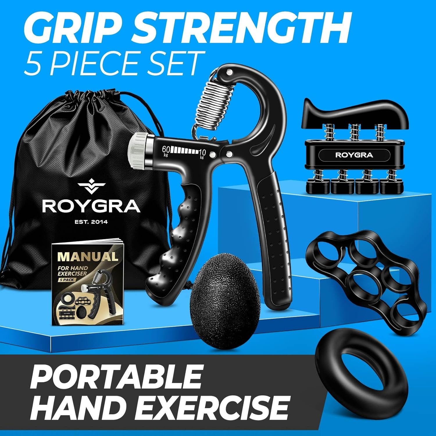 Hand Grip Strengthener Set 5 Pack, Adjustable Forearm Trainer, Grip Ring Ball