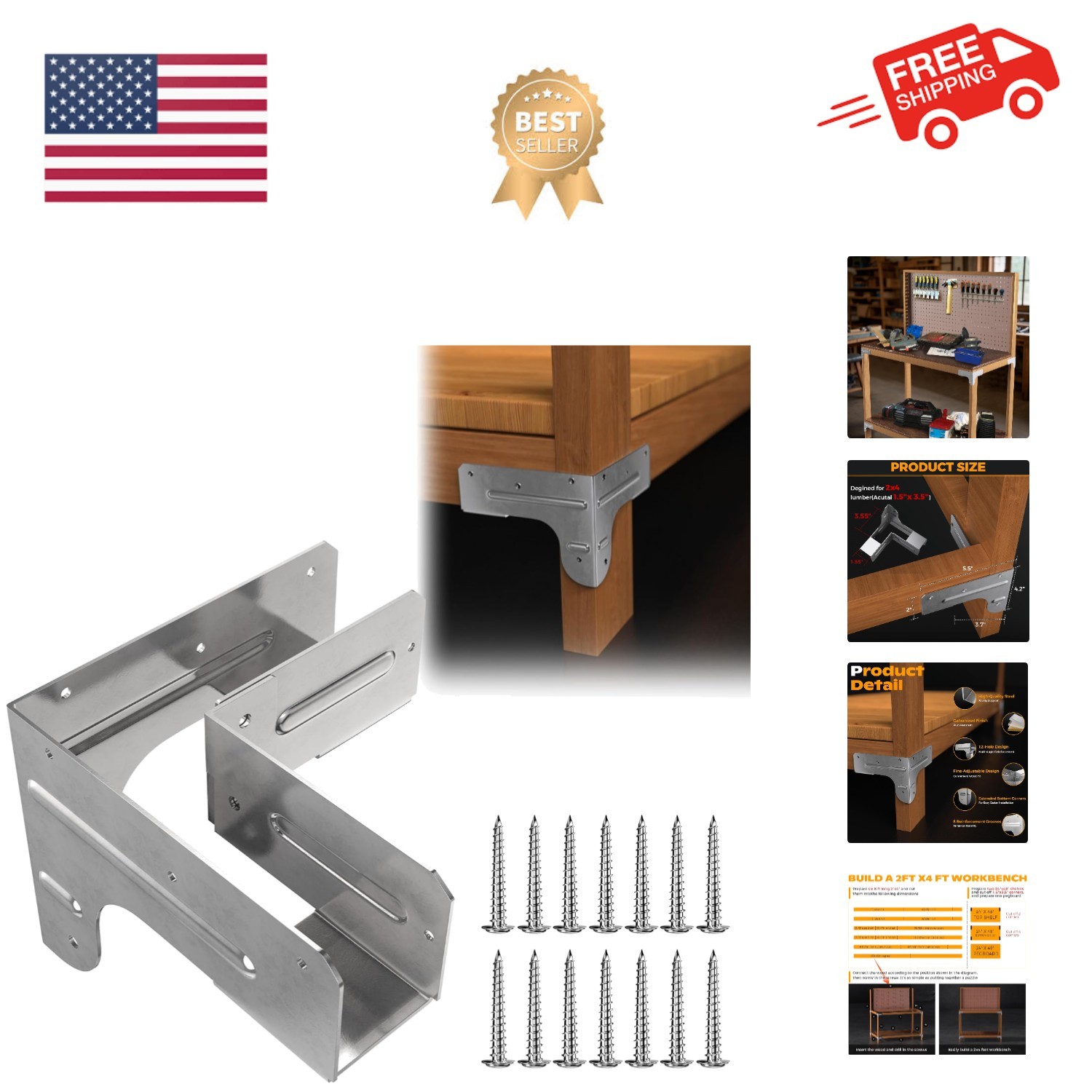 Workbench and Shelving Hardware Kit - Galvanized Steel Workbench Corner Brack...