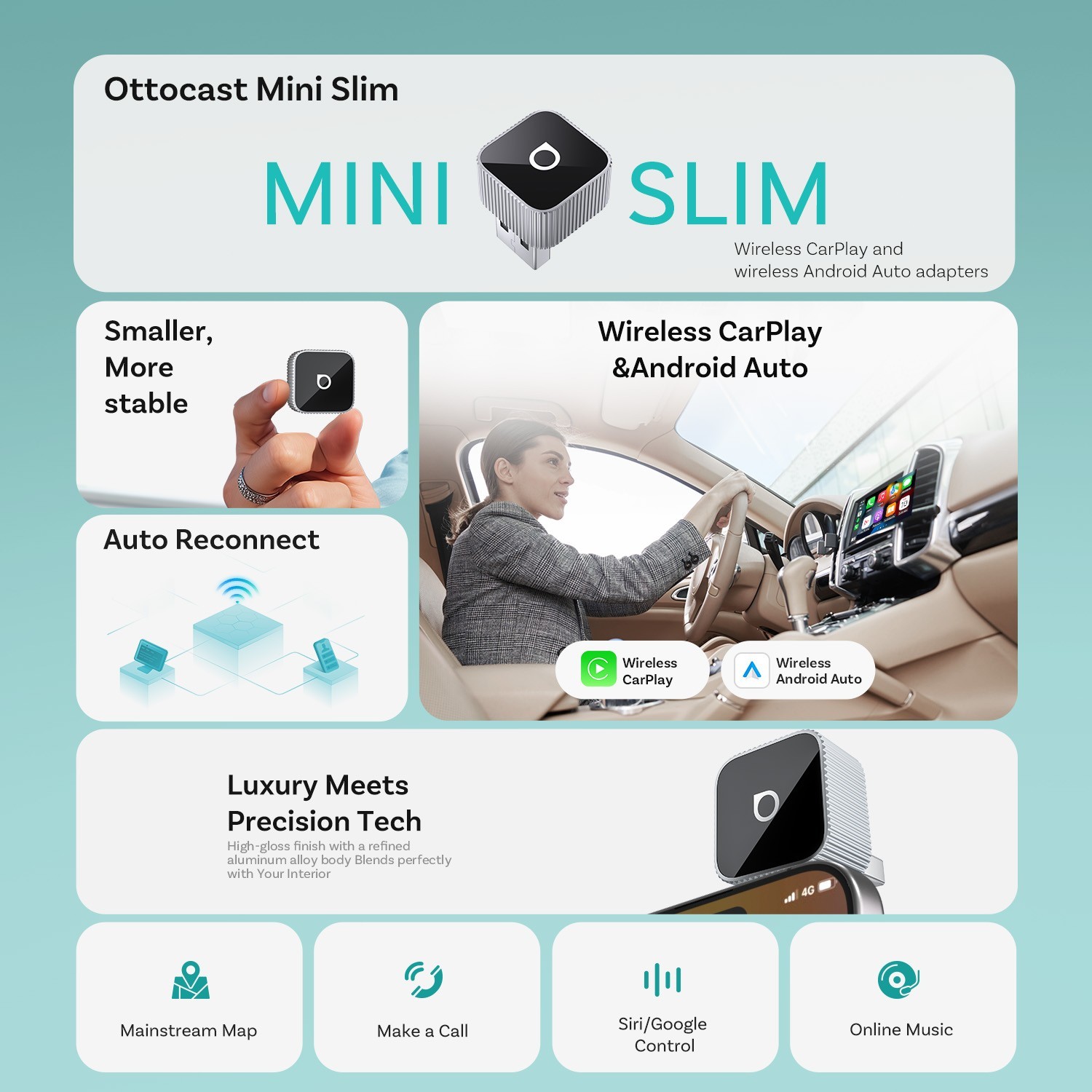 2in1 Ottocast Ultra Mini Slim Wireless CarPlay+Android Auto Adapter OTA USB Plug