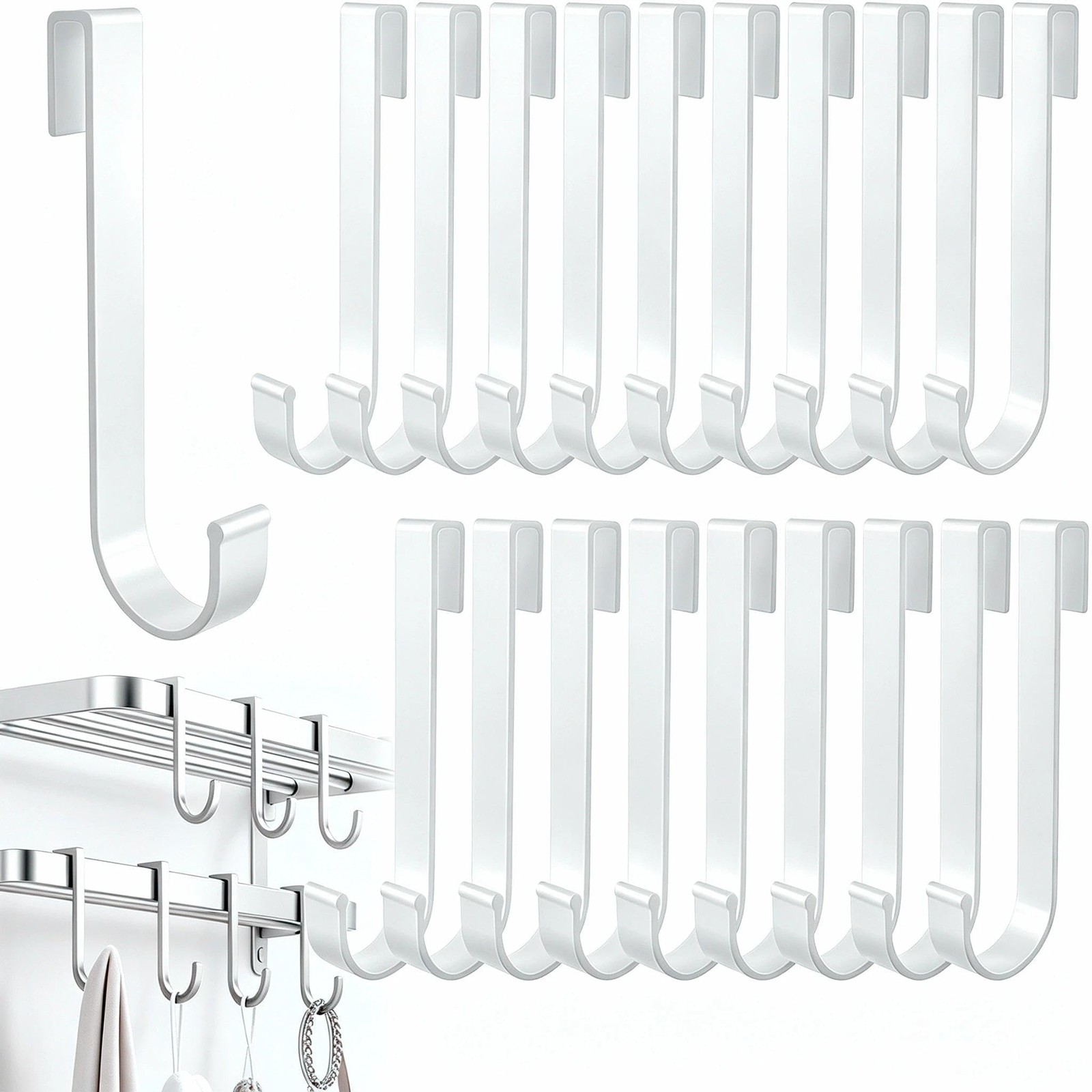 20 PCS Silver White J Shaped Clip On Hooks Aluminum Wire Rack Grid Wall Hanger