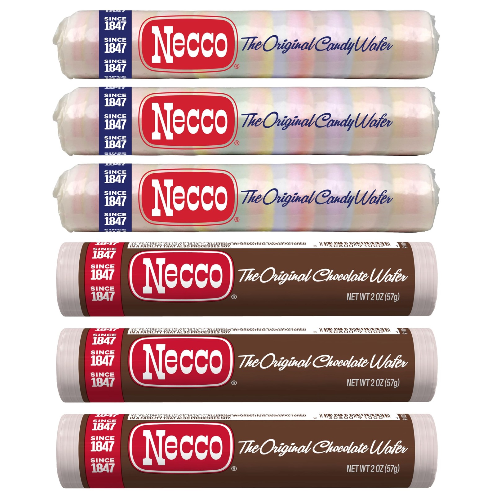 Necco Wafers Candy Variety Pack - 6 Rolls Original & Chocolate Flavors, 2 Oz Eac