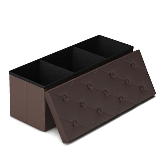 Storage Ottoman Bench, 43 Inches Folding Ottoman with 2 Dividers, PU Brown