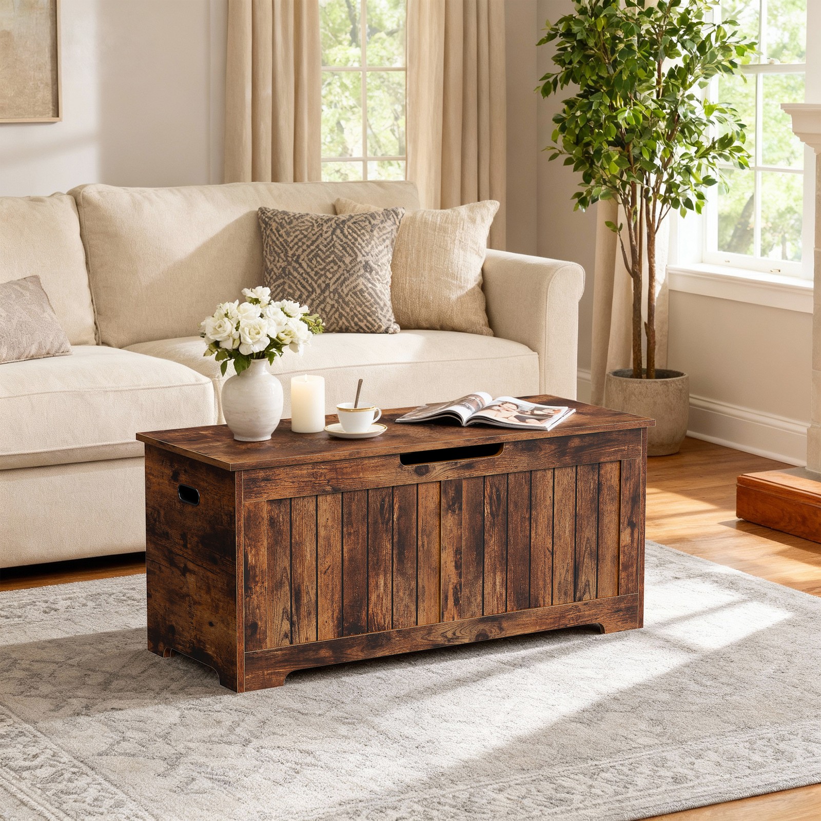 Storage Chest Storage Bench with Safety Hinge White for Playroom Rustic Brown