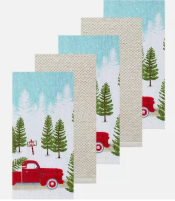 St Nicholas Square 5-pk. Christmas Tree Truck Terry Kitchen Towels Cotton Beige