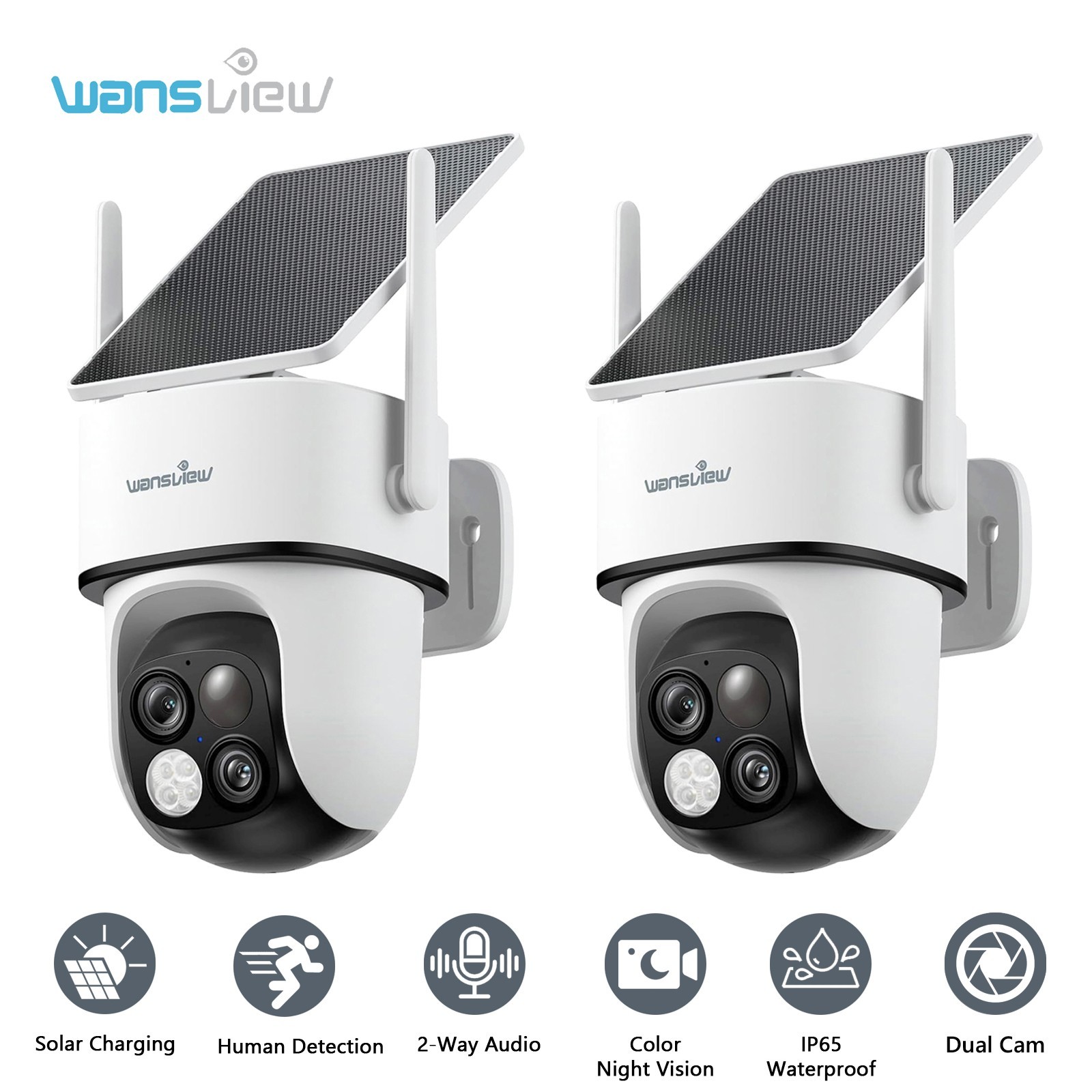2PCS Wansview Solar Wireless Security Camera 360°PTZ 2K Dual-Cam Human Detection