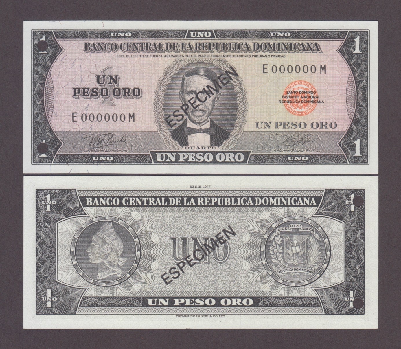 DOMINICAN REPUBLIC P.108s  1 PESO ORO 1977  E/M   ESPECIMEN  UNC  2605