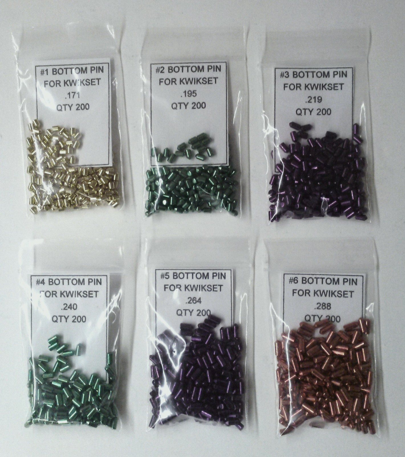 Bottom Pin Refill Packs for Kwikset Lock Rekey Kit. Contains 200 pins each size