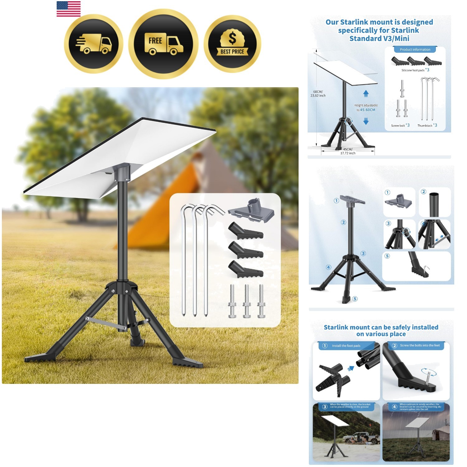 Tripod Stand for Starlink Standard Gen 3/ Standard 4/ Standard 4 X with Pipe ...