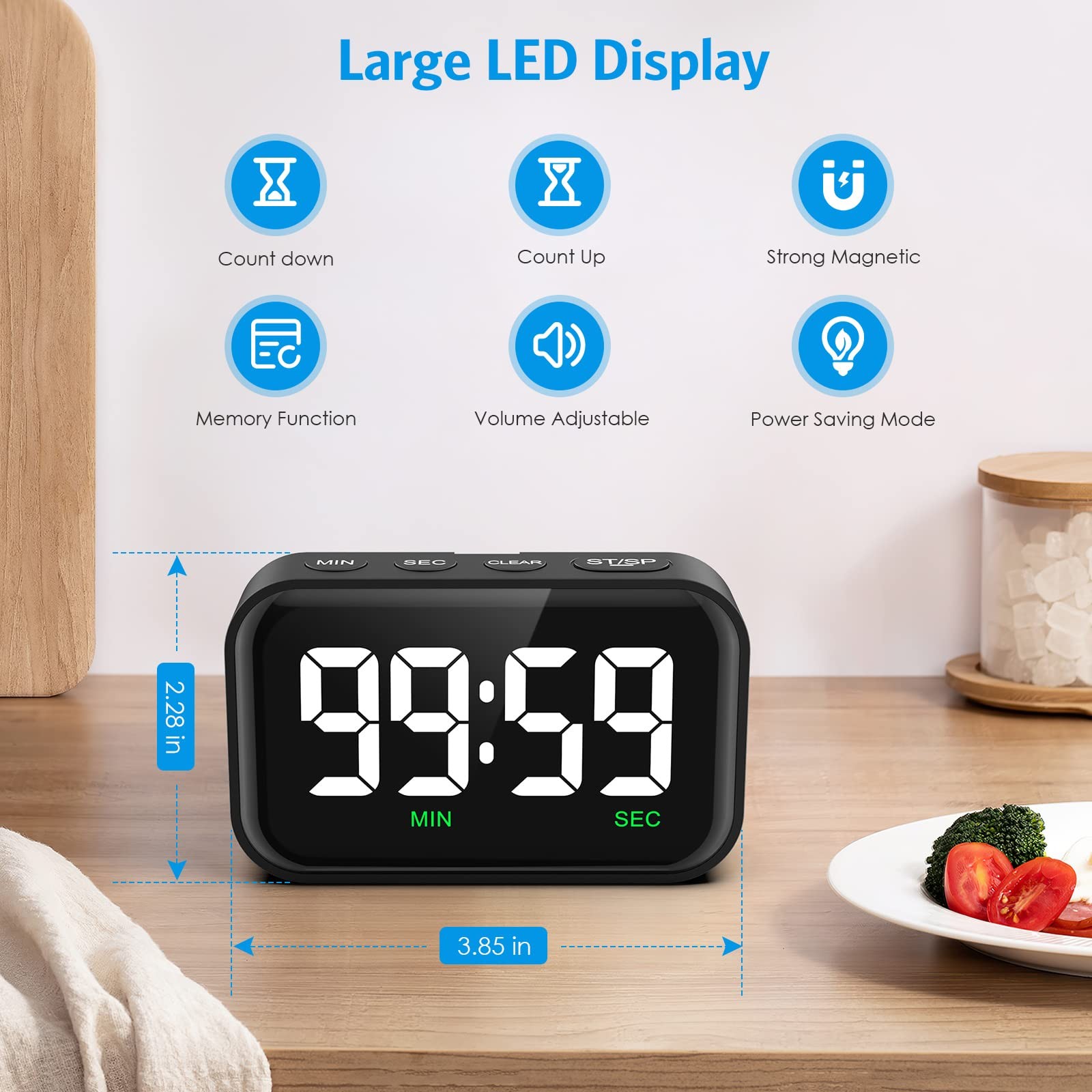 Digital Kitchen Timer, Digital Timer with Large LED Display, Magnetic Classro...