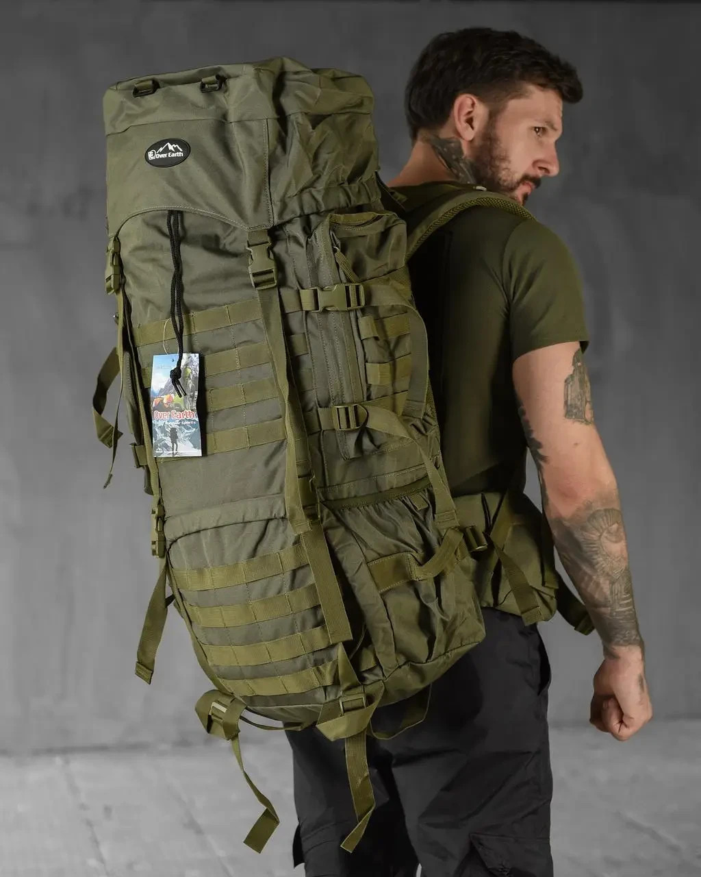 Tactical frame military tourist hiking backpack with straps Over Earth Olive🇺🇦